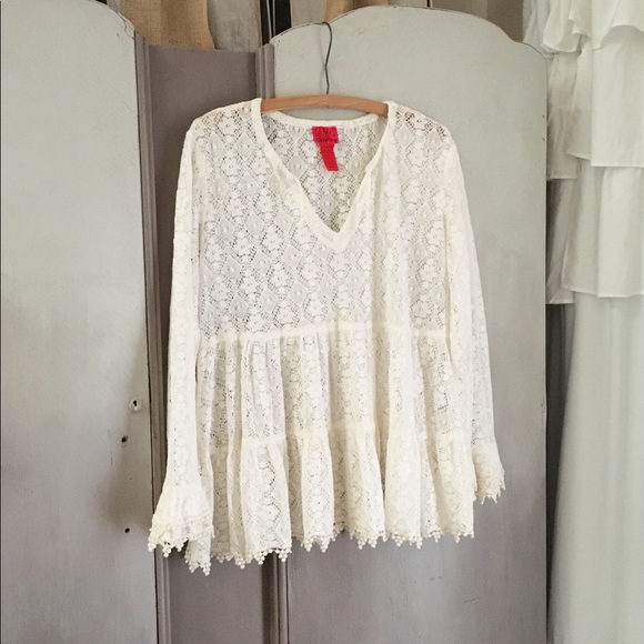 boho cream ruffled crochet top - Picture 1 of 5